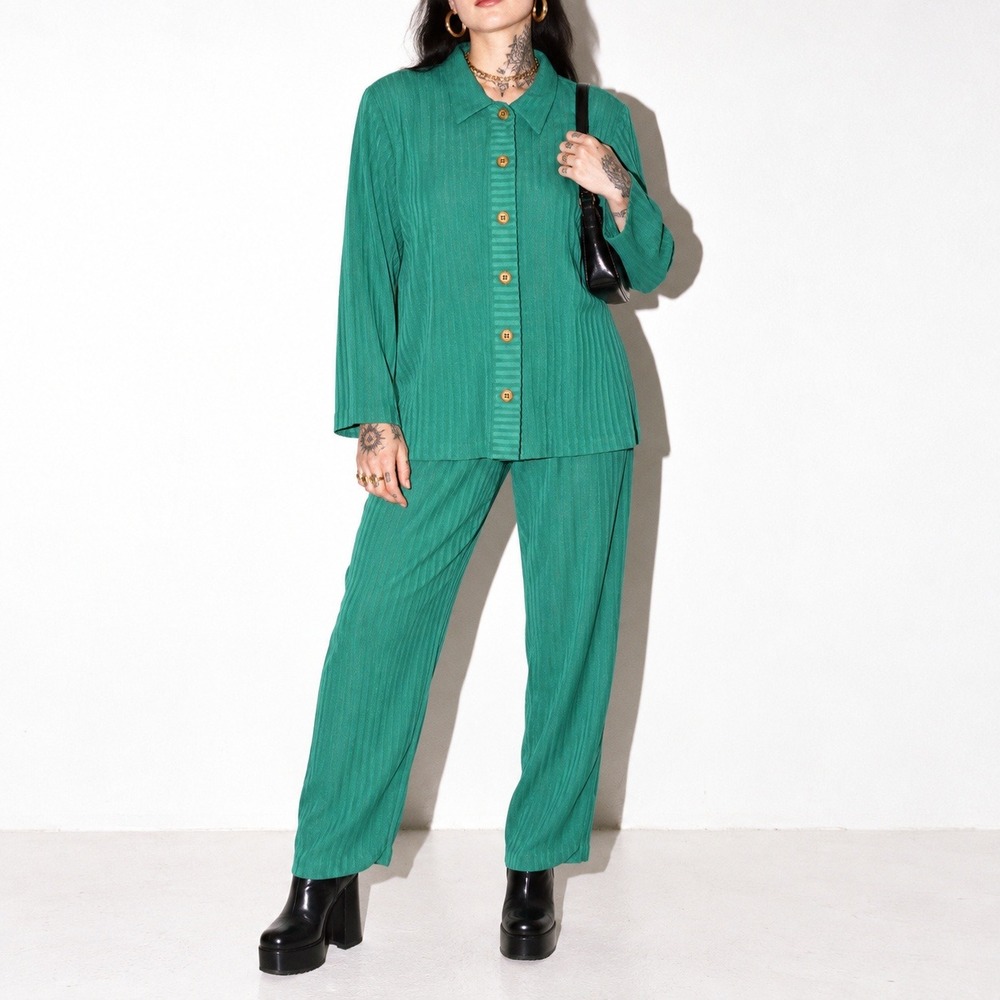 90s Vintage Teal Green Rib Knit Pants Set Womens S Striped Button Up Top Boho